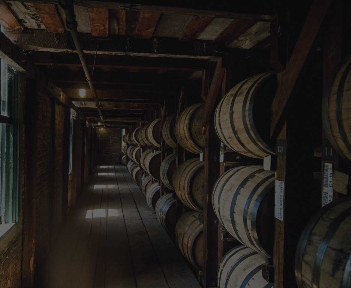 Aisle inside a whiskey aging warehouse