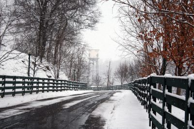 Download A picture of a snowy road at Buffalo Trace Distillery intended for media kit usage.