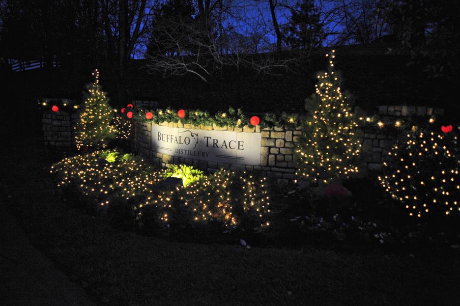 Entrance of Buffalo Trace Distillery with holiday lights and decorations