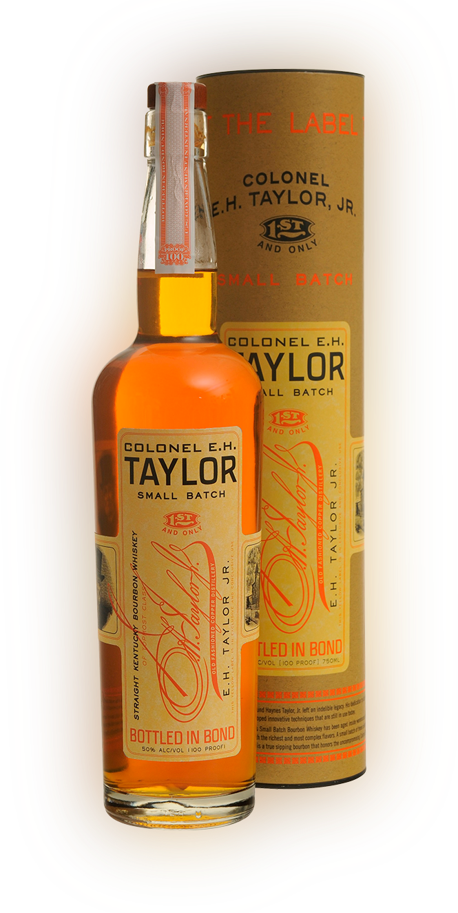 750 milliliter bottle of Colonel E.H. Taylor Single Barrel Bourbon Whiskey with the case the bottle is manufactured in